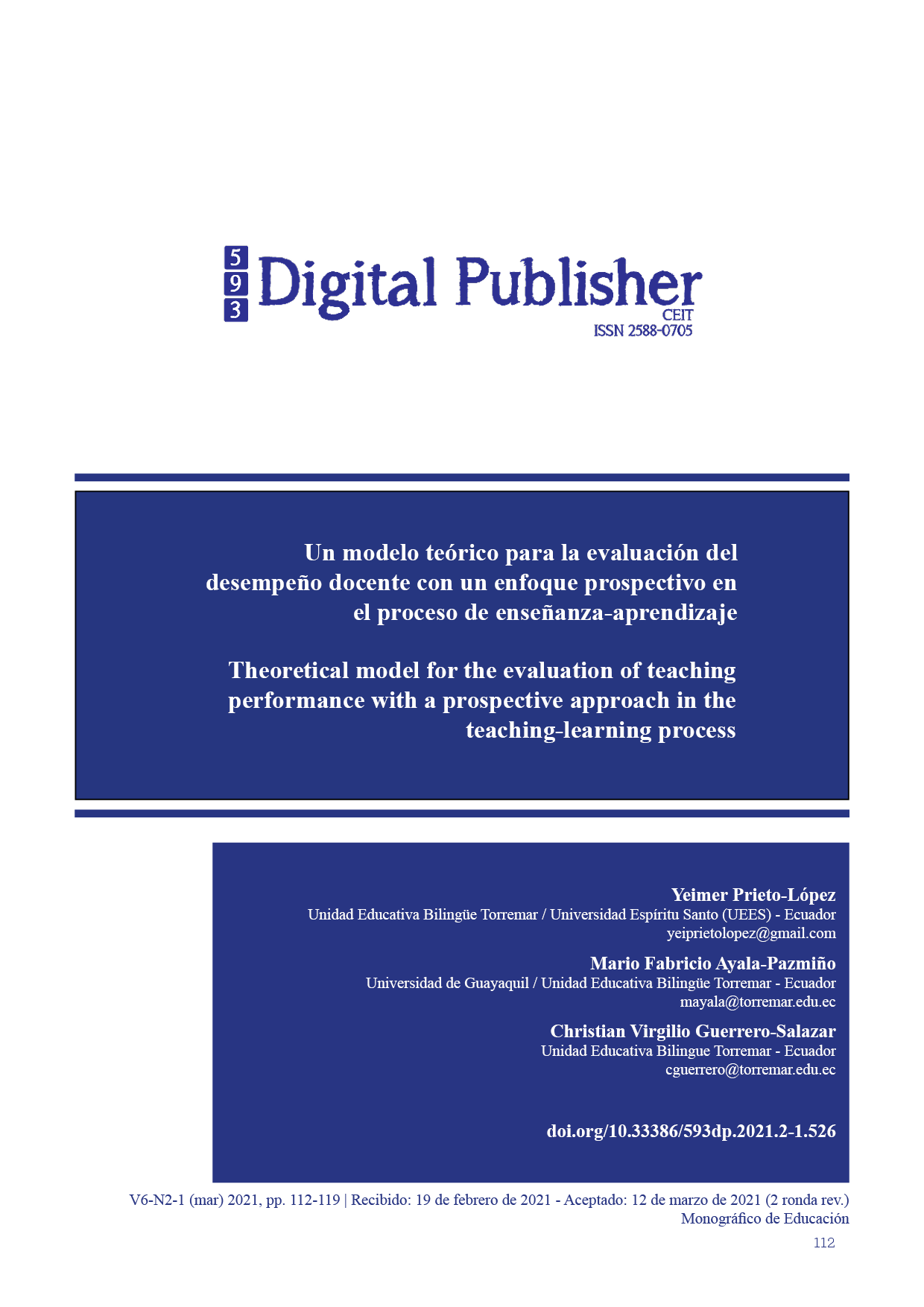 Un modelo teórico para la evaluación del desempeño docente con un enfoque  prospectivo en el proceso de enseñanza-aprendizaje | 593 Digital Publisher  CEIT